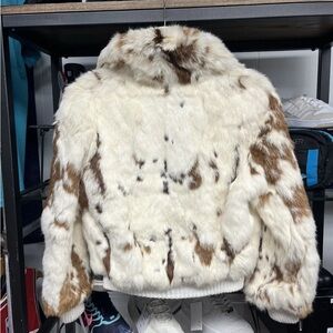 Real rabbit Fur Jacket with Brown and White Pattern fits like a small petite